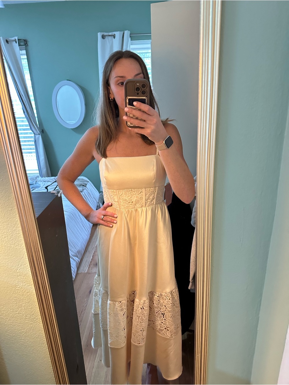 BHLDN Cream Satin Lace-Panel Midi Dress - Picture 2 of 8